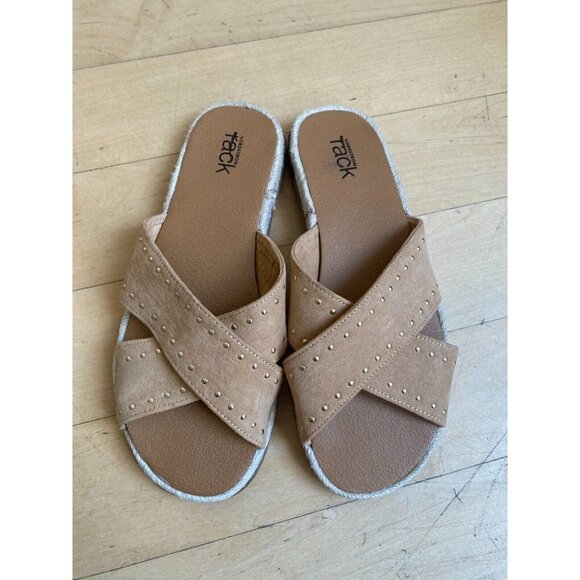Nordstrom Rack "Phoebe" BNWOT espadrille slide sandal size 6.5 NEW tan studded - Picture 2 of 8